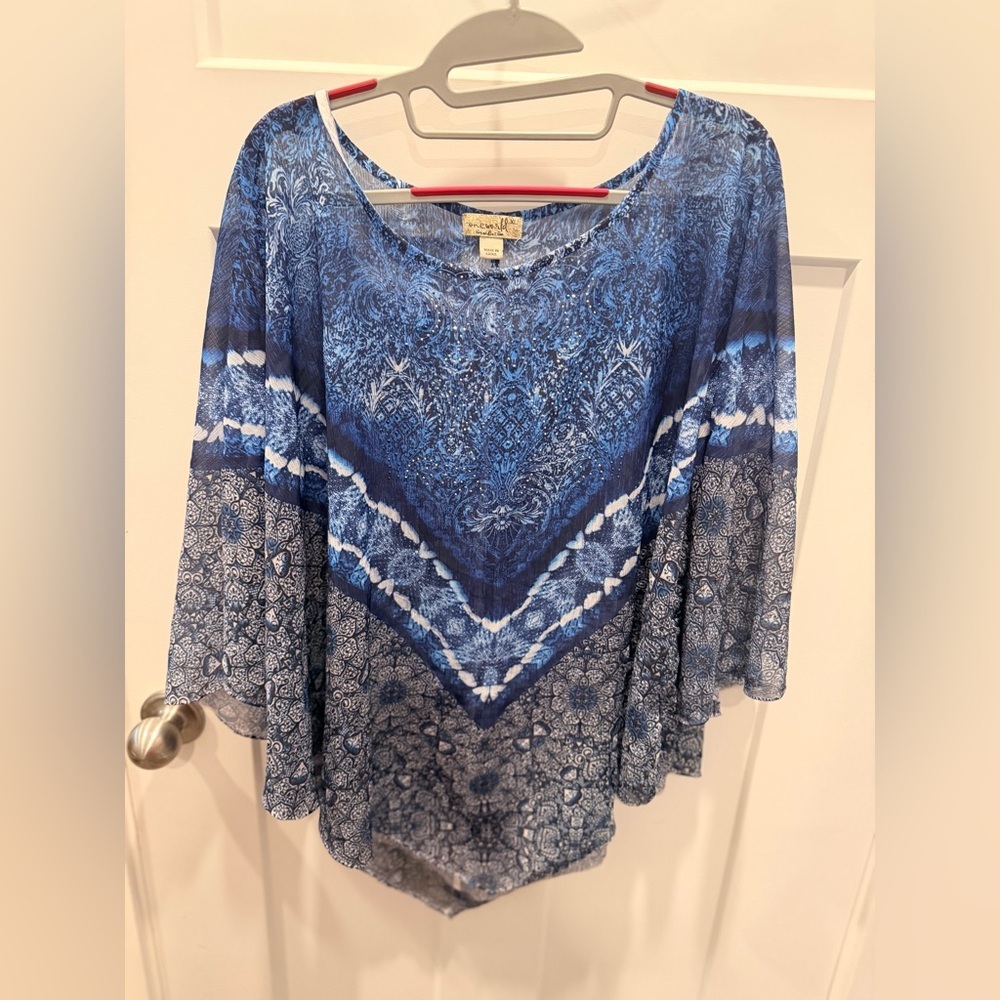 One World Boho Rhinestone Blouse Womens XL Blue Printed Top and cover